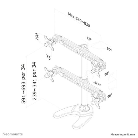 Supporto monitor Neomounts FPMA-D700DD4 per 4 schermi da 19-30", regolazione in altezza, nero