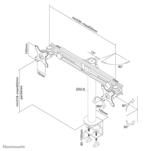 Supporto da scrivania Neomounts FPMA-D700D per 2 monitor 19-30", clamp, regolazione in altezza, nero