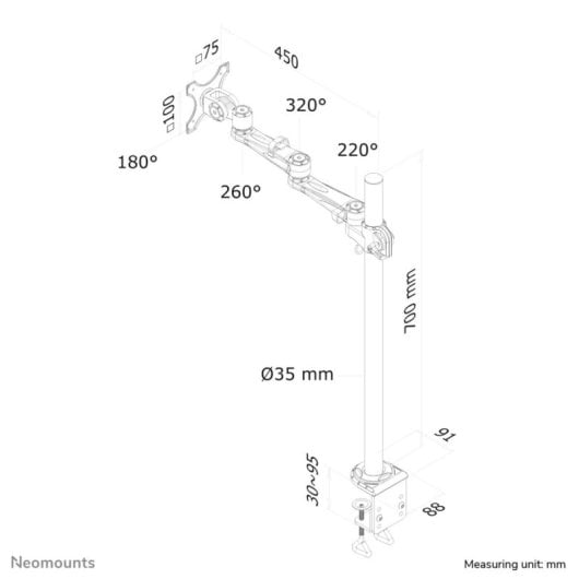 Supporto da scrivania Neomounts FPMA-D935POLE70 per monitor da 10 a 30 pollici, argento