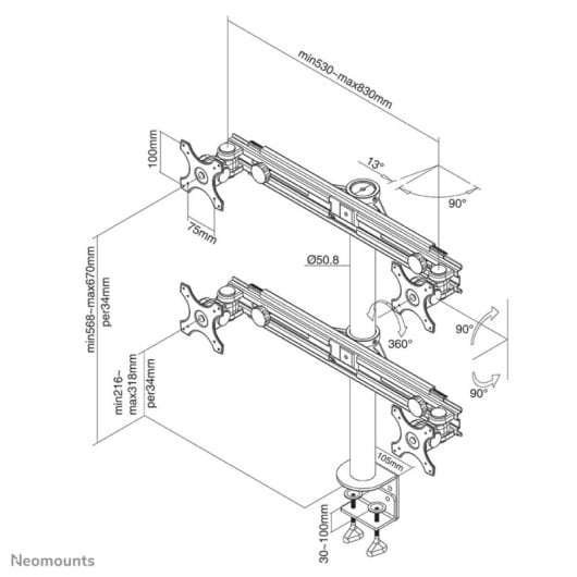 Supporto monitor Neomounts FPMA-D700D4 per 4 schermi LCD/LED/TFT da 19-30", nero, fissaggio a scrivania con clamp