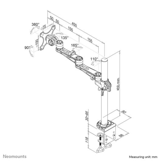 Supporto da scrivania per monitor Neomounts FPMA-D935, 10-30'', argento, regolazione manuale, VESA 75x75/100x100, portata 10 kg, clamp