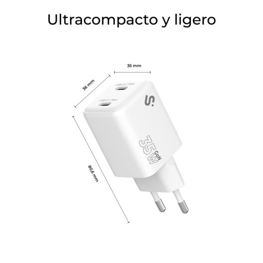 Cargador GaN Subblim 35W 2x USB-C PPS Power Delivery Compacto Blanco