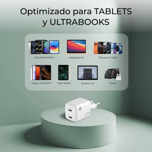 Cargador GaN Subblim 35W 2x USB-C PPS Power Delivery Compacto Blanco