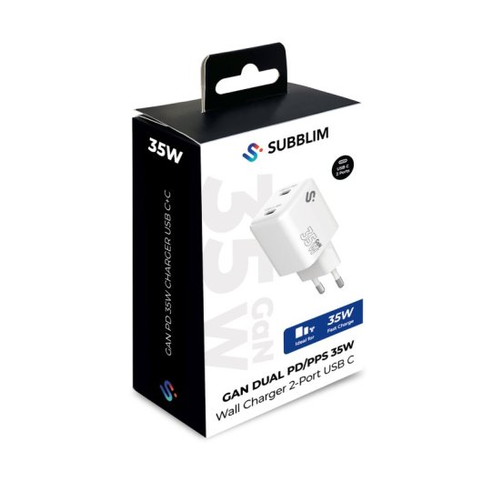 Cargador GaN Subblim 35W 2x USB-C PPS Power Delivery Compacto Blanco