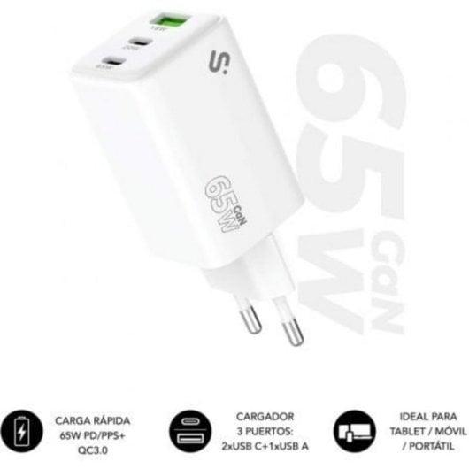 Fuente de Alimentación Subblim 65W GaN USB C+C+A Compacta Protección Universal Blanca