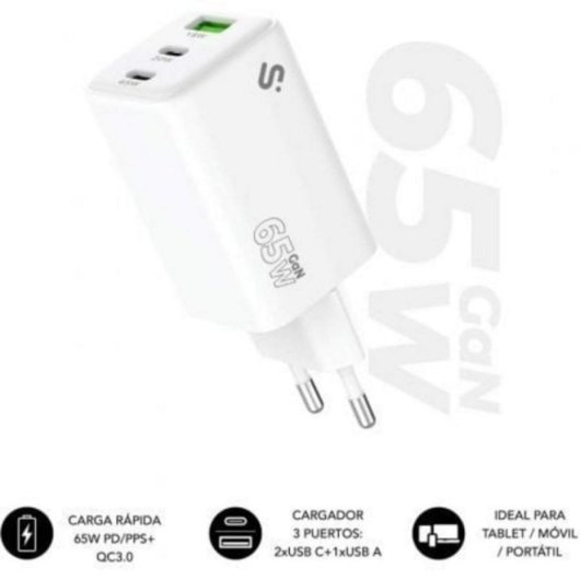 Fonte di Alimentazione Subblim 65W GaN II USB C+C+A Bianco Ultra Compatta Protezione Universale
