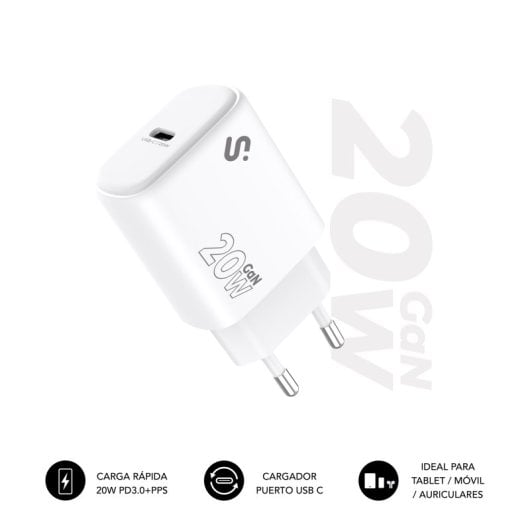 Caricatore SUBBLIM USB-C GaN 20W PD3.0 PPS ultra compatto bianco