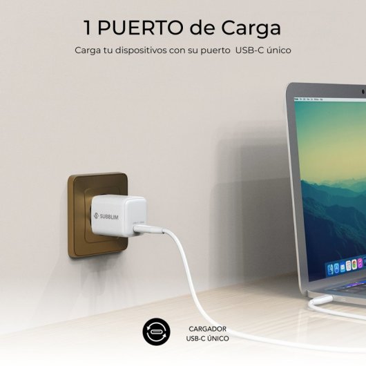 Cargador GaN SUBBLIM 35W USB-C Power Delivery, PPS, ultracompacto, blanco