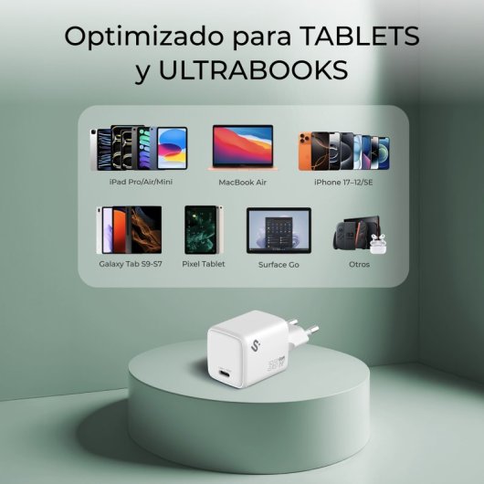 Cargador GaN SUBBLIM 35W USB-C Power Delivery, PPS, ultracompacto, blanco