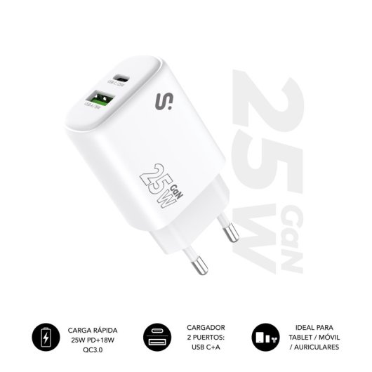 Cargador de pared Subblim GaN 25W USB-C Power Delivery QC 3.0 Blanco ultracompacto