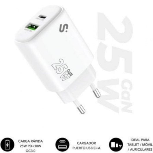 Ladegerät Subblim GaN 25W USB-C USB-A Power Delivery QC 3.0 Ultra Kompakt Weiß