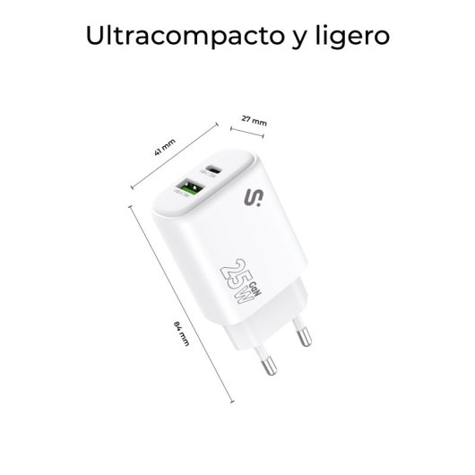 Cargador de pared Subblim GaN 25W USB-C Power Delivery QC 3.0 Blanco ultracompacto