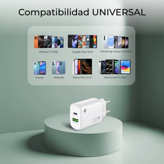 Cargador de pared Subblim GaN 25W USB-C Power Delivery QC 3.0 Blanco ultracompacto