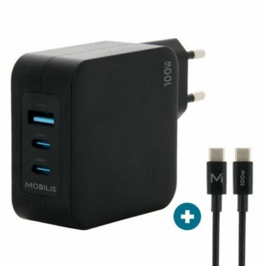 Ladegerät Mobilis Charger 100W GaN 2x USB-C 1x USB-A Typ-C-Kabel Schwarz