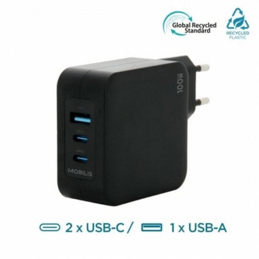 Ladegerät Mobilis Charger 100W GaN 2x USB-C 1x USB-A Typ-C-Kabel Schwarz