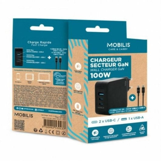 Ladegerät Mobilis Charger 100W GaN 2x USB-C 1x USB-A Typ-C-Kabel Schwarz
