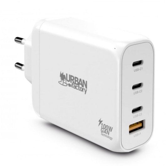 Cargador Urban Factory GPS14UF GaN 100W 3x USB-C 1x USB-A Carga Rápida Blanco