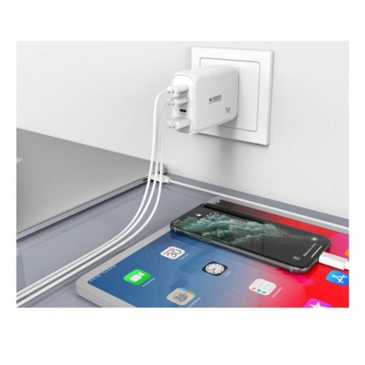 Cargador Urban Factory GPS14UF GaN 100W 3x USB-C 1x USB-A Carga Rápida Blanco