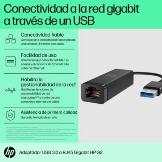 Adaptador HP USB 3.0 a RJ45 G2 Gigabit 1000 Mbps Negro Wake On LAN PXE