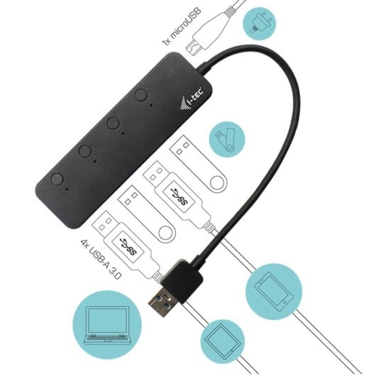 USB Hub QUO I-Tec 4 Port USB 3.2 Gen 1 5 Gbps Metall Einzelschalter Schwarz