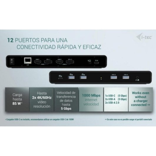Estación de acoplamiento i-tec Universal Dual 4K Power Delivery 85W 2HDMI 2DP USB-C LAN Negro