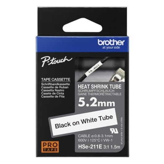 Cinta termorretráctil Brother HSE-211E negro sobre blanco 5,2 mm para cables