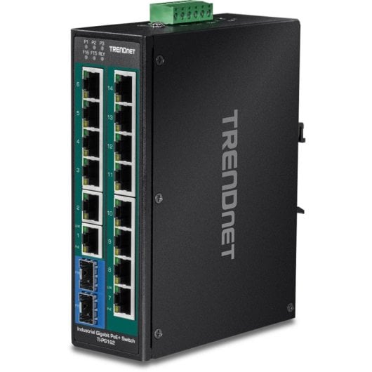 Switch Industrial TRENDnet TI-PG162 14 Puertos Gigabit PoE+ 2 SFP IP30 Metal DIN-Rail