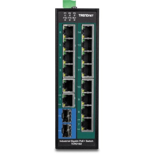 Switch Industrial TRENDnet TI-PG162 14 Puertos Gigabit PoE+ 2 SFP IP30 Metal DIN-Rail