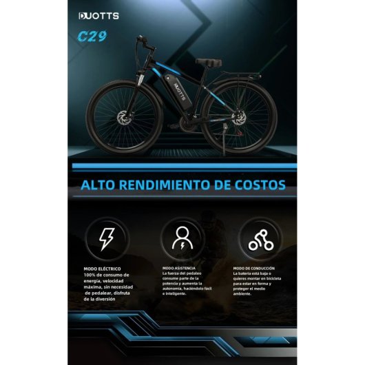 Bicicleta eléctrica Duotts C29 motor 750W batería 720Wh neumáticos 29x2,1 pulgadas negro