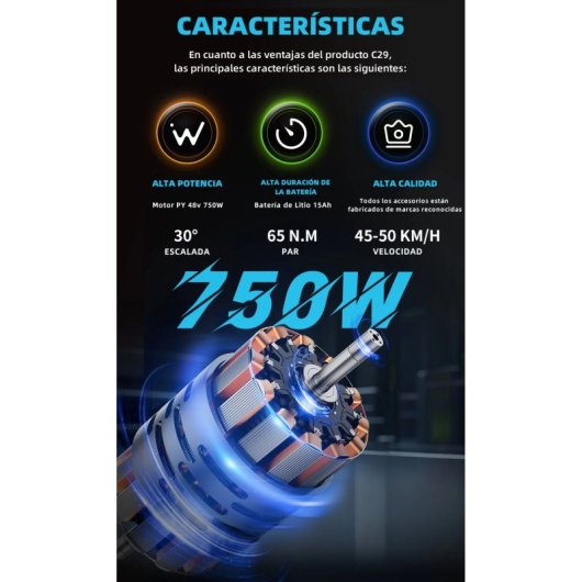 Bicicleta eléctrica Duotts C29 motor 750W batería 720Wh neumáticos 29x2,1 pulgadas negro