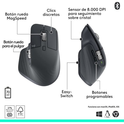 Ratón Logitech MX Master 3S Inalámbrico RF Bluetooth 8000 DPI Grafito Silencioso Ergonómico