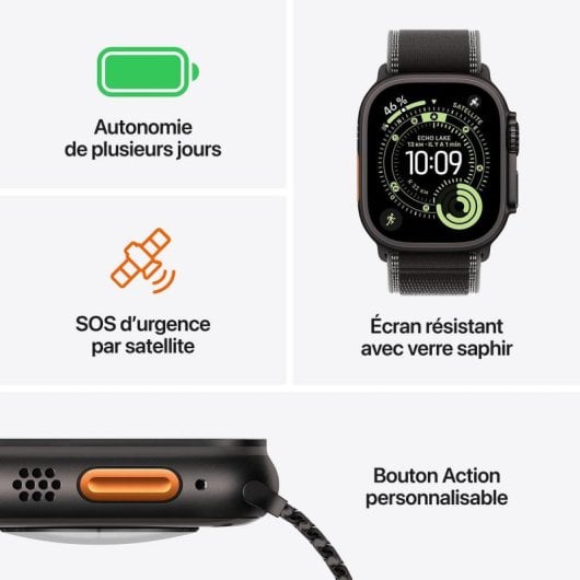 Montre Connectée Apple Watch Ultra 3 GPS + Cellular 49mm OLED Titane Noir S IP6X Etanche SpO2 ECG