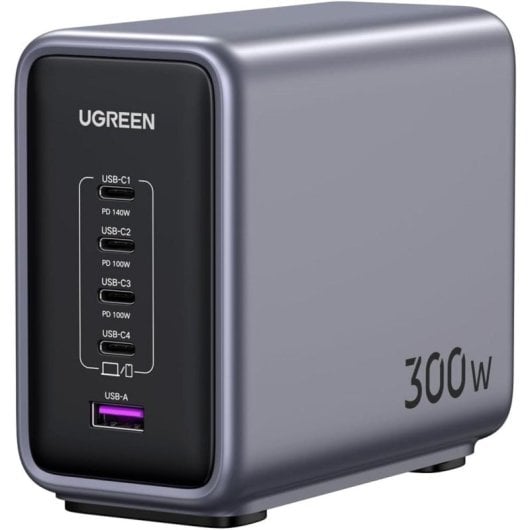 Caricatore UGREEN 90903B Nexode 300W GaN 5 Porte 4x USB-C 1x USB-A Fast Charge PD 3.1 Grigio/Nero con Cavo 2m