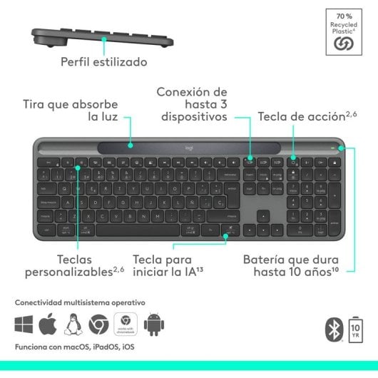 Teclado de membrana Logitech Signature Slim Solar+ Layout ES sem fio solar Bluetooth grafite
