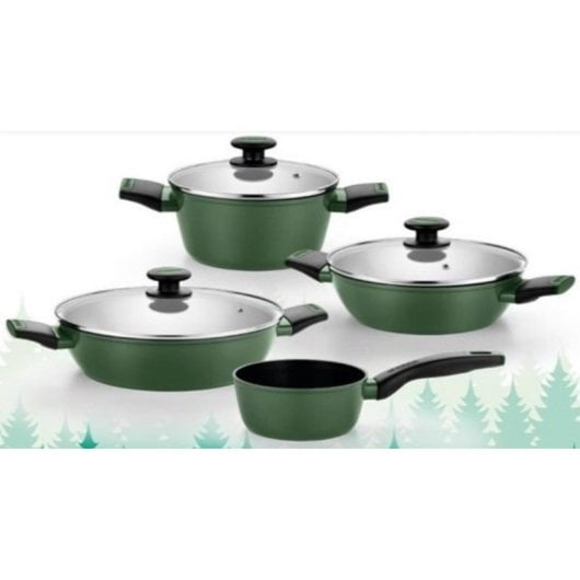 Batería de cocina Monix Forest 4 piezas acero inoxidable verde y cristal con tapa ergonómica