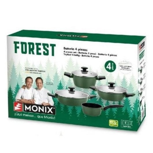 Batería de cocina Monix Forest 4 piezas acero inoxidable verde y cristal con tapa ergonómica