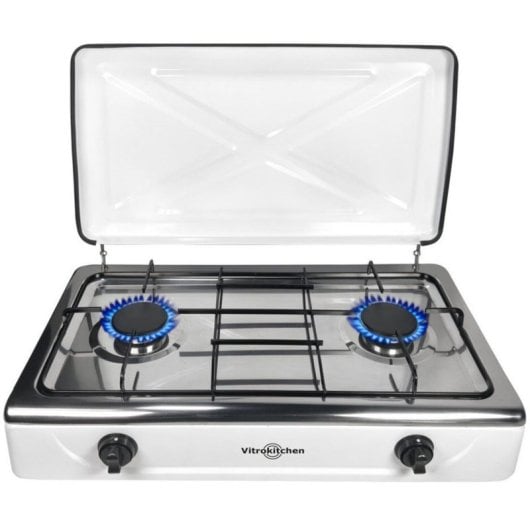 Hornillo a gas Vitrokitchen 202BB 2 quemadores Butano Blanco y Negro Aluminio Pulido