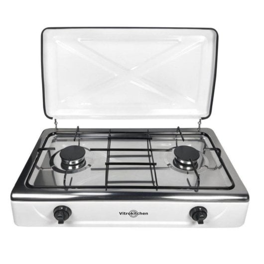 Hornillo a gas Vitrokitchen 202BB 2 quemadores Butano Blanco y Negro Aluminio Pulido