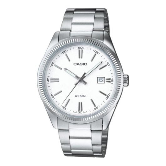 Casio MTP-1302PD-7A1VEF 40mm Analoge Anzeige Messinggehäuse Lila Silbernes Edelstahlarmband