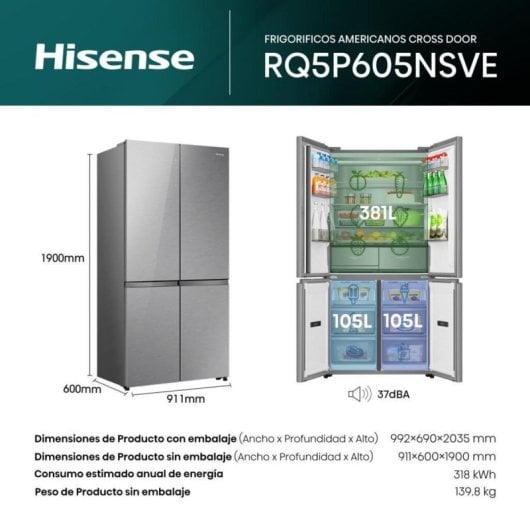 Frigorífico Americano Hisense RQ5P605NSVE No Frost 190cm 591L E Inox Display Gelo