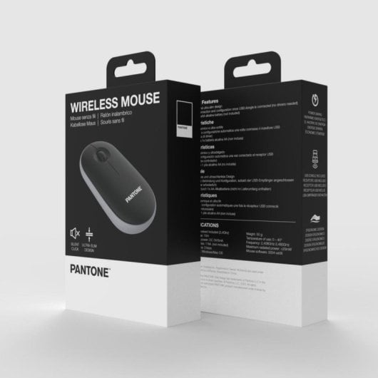Pantone PT-MS001BK Rato Sem Fios Ergonómico, Silencioso e Recarregável Bluetooth 2400 DPI com USB-C Preto/Cinzento