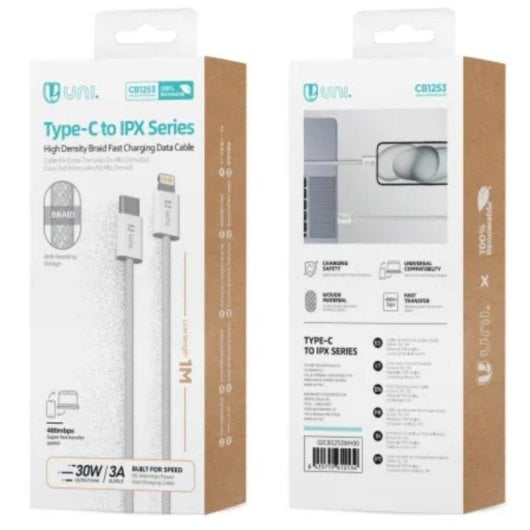 Cavo UNICO CB1253 Lightning USB-C 1 m Bianco Nylon 30 W PD Ricarica Dati