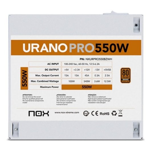 Fonte d'Alimentation Nox 550W Certification 80 PLUS Bronze Urano PRO White câbles plats