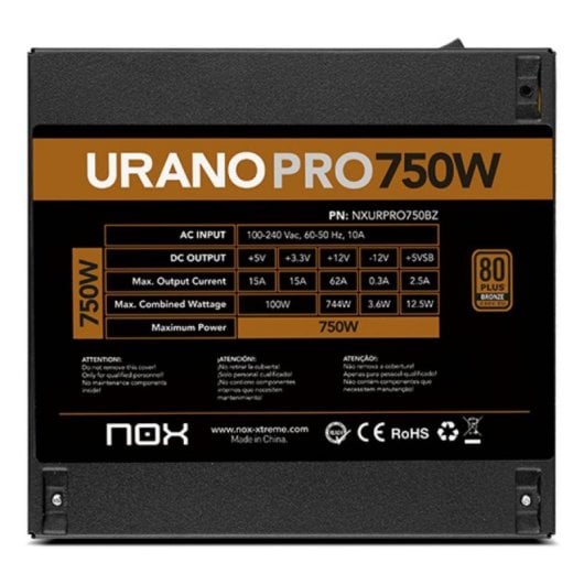 Fuente de Alimentacion Nox 750W Certificacion 80 PLUS Bronze Urano PRO extras cableado extralargo