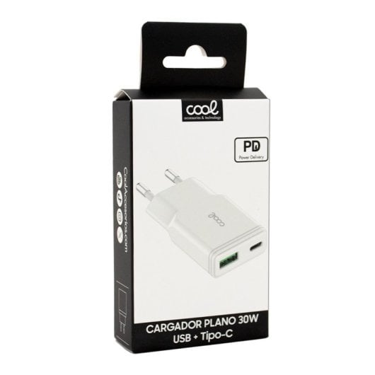 Cargador Red Universal Fast Charger (PD) Tipo-C / USB Dual COOL Plano (30W) Blanco