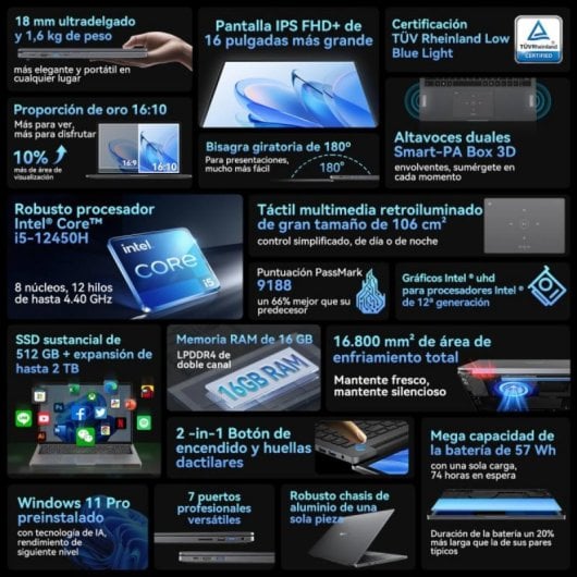 Ordinateur portable Blackview Acebook 12 Intel Core i5-12450H 16GB 512GB SSD 16" Clavier US Casque inclus