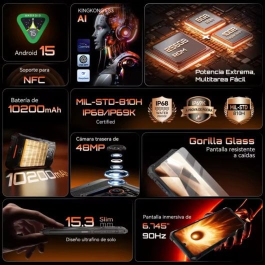 Cubot KingKong ES 3 6GB 256GB 6.74" HD+ 90Hz 4G Dual SIM Certificacion IP68 10200mAh NFC Android 15 Negro