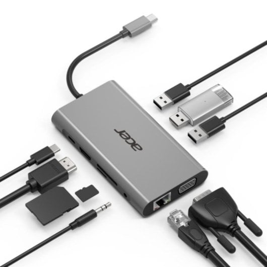 Hub USB-C Acer HP.DSCAB.002 3x USB-A HDMI VGA RJ-45 Leitor SD MicroSD Prata