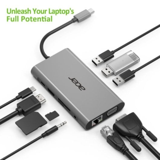 Hub USB-C Acer HP.DSCAB.002 3x USB-A HDMI VGA RJ-45 Leitor SD MicroSD Prata