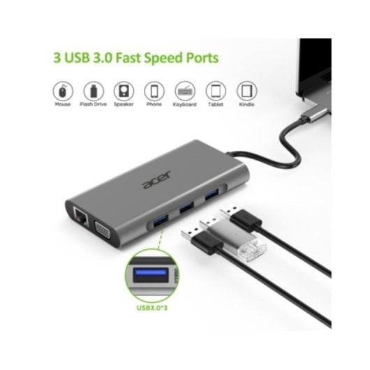 Hub USB-C Acer HP.DSCAB.002 3x USB-A HDMI VGA RJ-45 Leitor SD MicroSD Prata